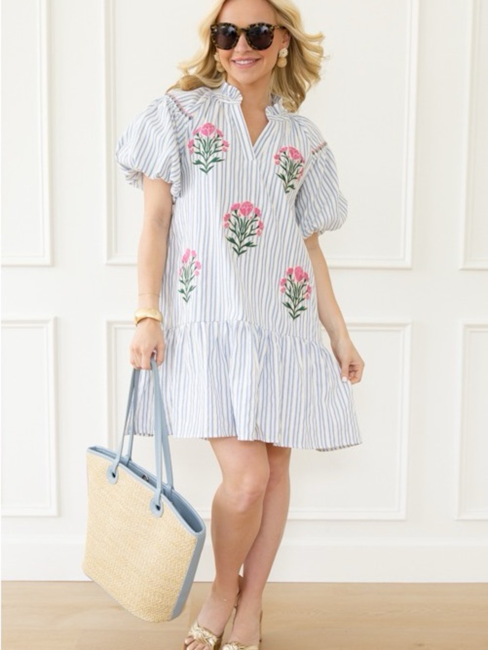 Blue & White Floral Embroidered Puff-Sleeve Dress
